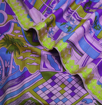Indian Vintage Sari Purple Pure Silk Printed Saree 5yard Sewing Craft Fabric DressMaking Soft Golden Zari Geometric