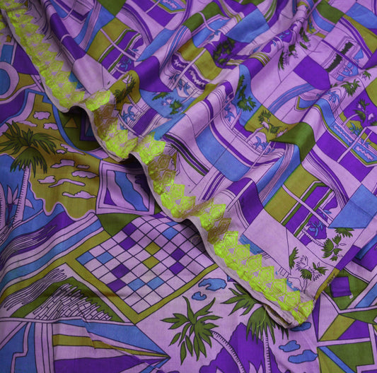 Indian Vintage Sari Purple Pure Silk Printed Saree 5yard Sewing Craft Fabric DressMaking Soft Golden Zari Geometric