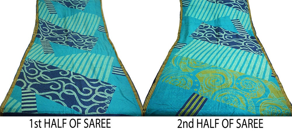 Indian Vintage Sari Blue 100% Pure Silk Printed Saree Fabric 5yard Sewing Craft DressMaking  Soft Abstract Design