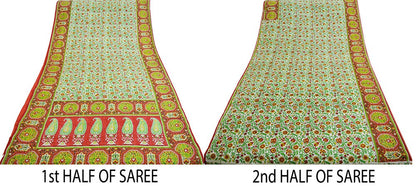 Indian Vintage Sari Ivory & Red Pure Silk Printed Saree 5yd Sewing Craft Fabric DressMaking Soft Wrap Upcycle Used Quilting