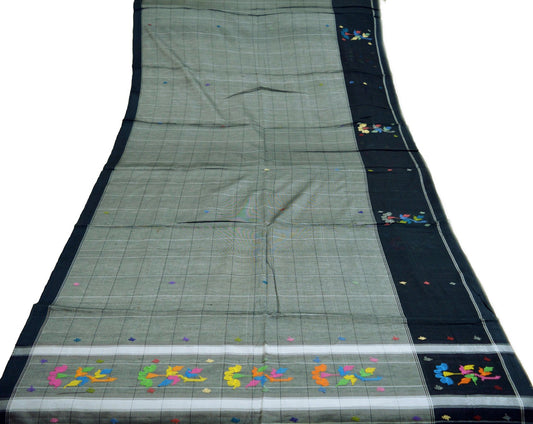 Indian Vintage Sari Gray Pure Cotton Hand Woven Saree 5yard Ethnic Soft Floral Design