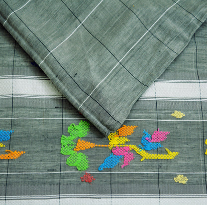 Indian Vintage Sari Gray Pure Cotton Hand Woven Saree 5yard Ethnic Soft Floral Design