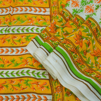 Indian Vintage Sari Orange & White Printed Pure Cotton Saree Craft Soft Fabric 5Yard Sewing Sarong Wrap Boho Floral