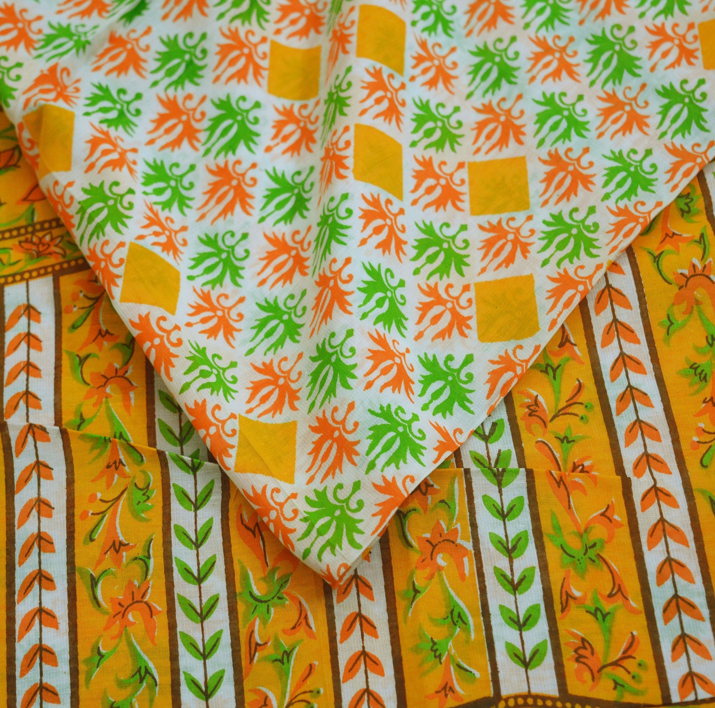 Indian Vintage Sari Orange & White Printed Pure Cotton Saree Craft Soft Fabric 5Yard Sewing Sarong Wrap Boho Floral