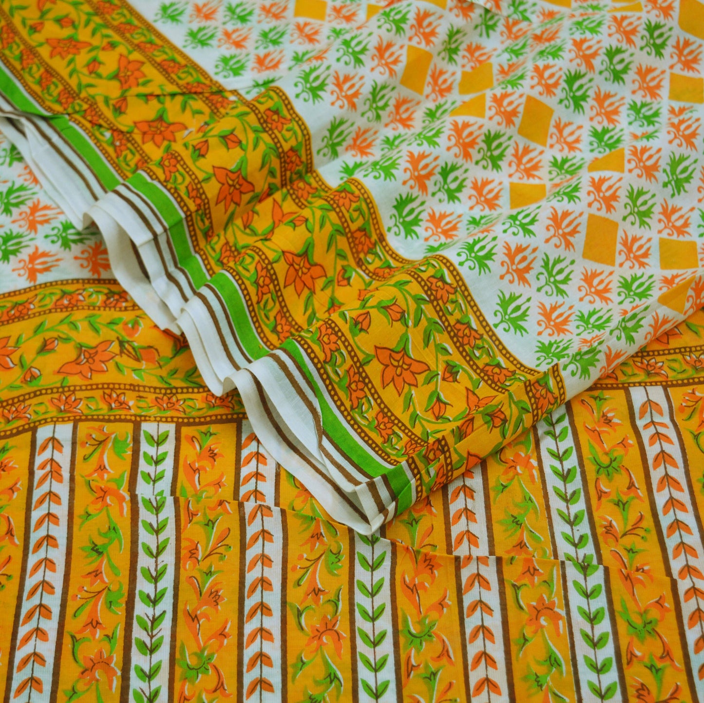 Indian Vintage Sari Orange & White Printed Pure Cotton Saree Craft Soft Fabric 5Yard Sewing Sarong Wrap Boho Floral