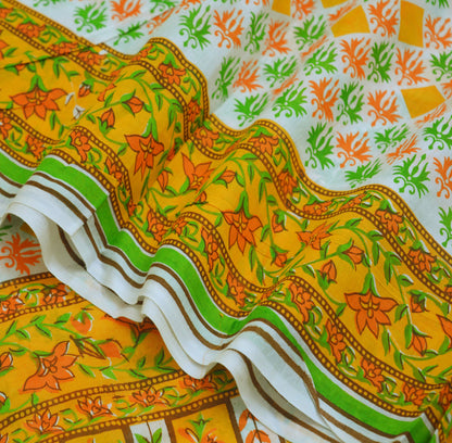 Indian Vintage Sari Orange & White Printed Pure Cotton Saree Craft Soft Fabric 5Yard Sewing Sarong Wrap Boho Floral