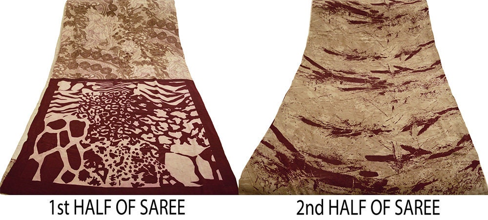 Indian Vintage Sari Brown & Maroon Pure Crepe Silk Printed Saree 5yard Sewing Abstract Soft Craft Fabric Wrap