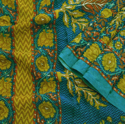 Indian Vintage Sari Green & Blue Pure Crepe Silk Printed Saree 5yard Sewing Floral Soft Craft Fabric Wrap