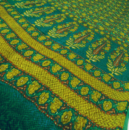 Indian Vintage Sari Green & Blue Pure Crepe Silk Printed Saree 5yard Sewing Floral Soft Craft Fabric Wrap