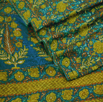 Indian Vintage Sari Green & Blue Pure Crepe Silk Printed Saree 5yard Sewing Floral Soft Craft Fabric Wrap