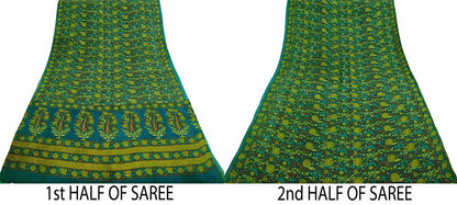 Indian Vintage Sari Green & Blue Pure Crepe Silk Printed Saree 5yard Sewing Floral Soft Craft Fabric Wrap