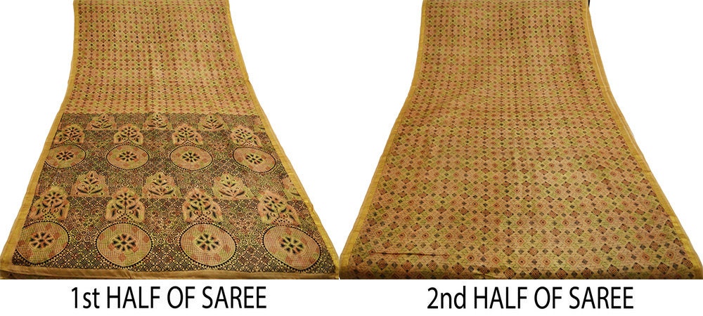 Indian Vintage Sari Beige Pure Silk Printed Saree Fabric 5yard Sewing Abstract Craft Fabric DressMaking Soft