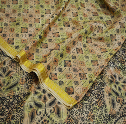 Indian Vintage Sari Beige Pure Silk Printed Saree Fabric 5yard Sewing Abstract Craft Fabric DressMaking Soft