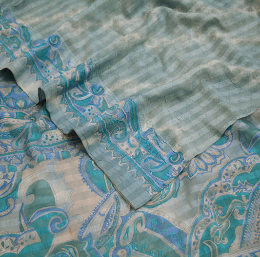 Indian Vintage Sari Gray & Blue Pure Silk Printed Saree Fabric 5yard Sewing Craft DressMaking  Soft Floral Decor