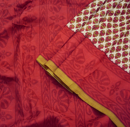 Vintage Sari Red & Beige 100% Pure Silk Printed Saree Fabric 5yard Sewing Soft Dress Designing for Crafting Paisley