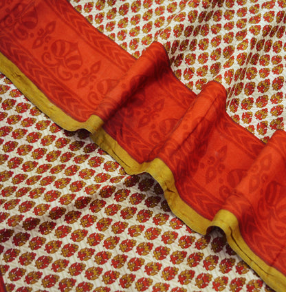 Vintage Sari Red & Beige 100% Pure Silk Printed Saree Fabric 5yard Sewing Soft Dress Designing for Crafting Paisley