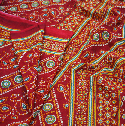 Indian Vintage Sari Red Pure Cotton Bandhani Printed Sarees Fabric 5yd Sewing Craft Fabric DressMaking Soft