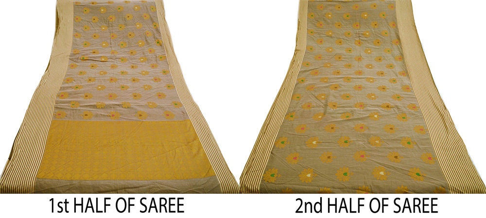 Indian Vintage Saree Brown Blend Cotton Hand Woven Painted Sari Indian Sari Fabric 5Yard Floral Soft
