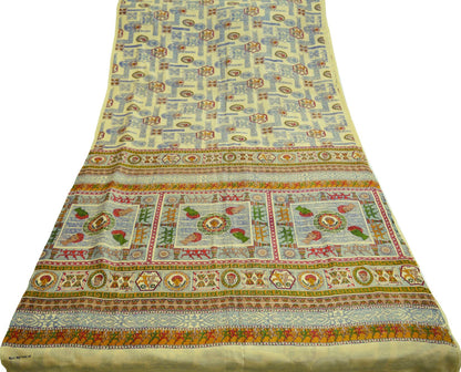Indian Vintage Sari Ivory 100% Pure Silk Printed Saree Fabric 6yard Sewing Craft DressMaking  Soft Humans