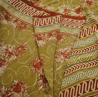 Indian Vintage Sari Green Pure Crepe Silk Printed Saree 5yard Sewing Floral Soft Craft Fabric Wrap