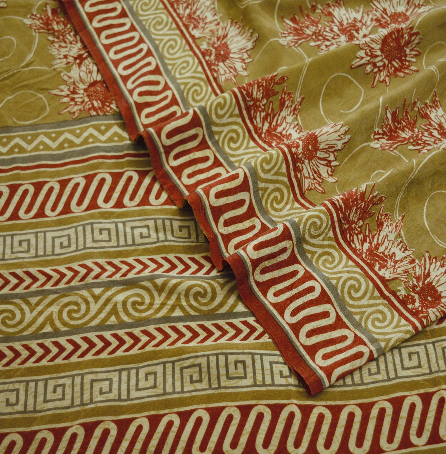 Indian Vintage Sari Green Pure Crepe Silk Printed Saree 5yard Sewing Floral Soft Craft Fabric Wrap