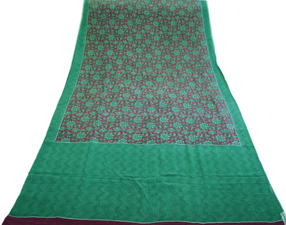 Indian Vintage Sari Maroon & Green Pure Crepe Silk Printed Saree 5yd Sewing Floral Soft Craft Fabric Ethnic Wrap