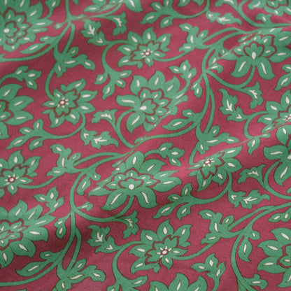 Indian Vintage Sari Maroon & Green Pure Crepe Silk Printed Saree 5yd Sewing Floral Soft Craft Fabric Ethnic Wrap