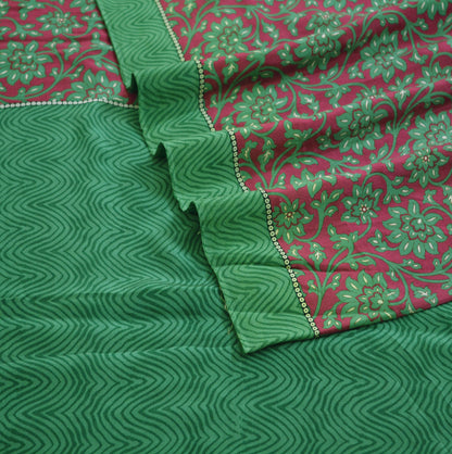 Indian Vintage Sari Maroon & Green Pure Crepe Silk Printed Saree 5yd Sewing Floral Soft Craft Fabric Ethnic Wrap