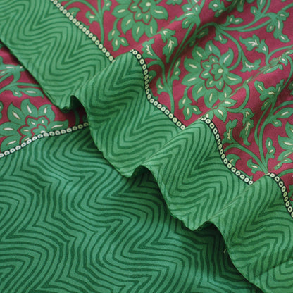 Indian Vintage Sari Maroon & Green Pure Crepe Silk Printed Saree 5yd Sewing Floral Soft Craft Fabric Ethnic Wrap