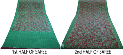 Indian Vintage Sari Maroon & Green Pure Crepe Silk Printed Saree 5yd Sewing Floral Soft Craft Fabric Ethnic Wrap