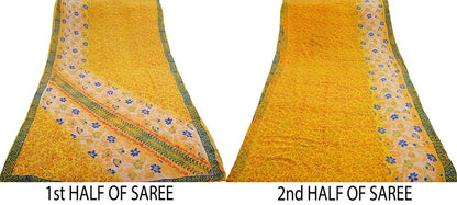 Indian Vintage Sari Mustard Pure Crepe Silk Printed Saree 5yard Sewing Floral Soft Craft Fabric Wrap