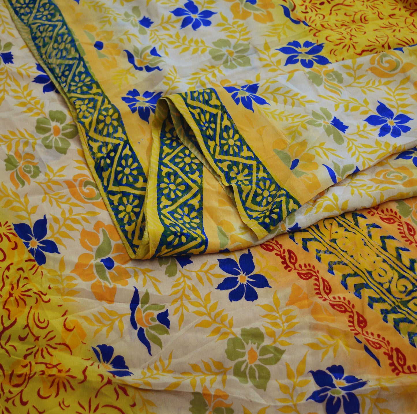 Indian Vintage Sari Mustard Pure Crepe Silk Printed Saree 5yard Sewing Floral Soft Craft Fabric Wrap