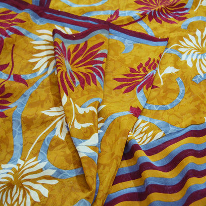 Indian Vintage Sari Mustard Pure Crepe Silk Printed Saree 5yard Sewing Floral Soft Craft Fabric Wrap