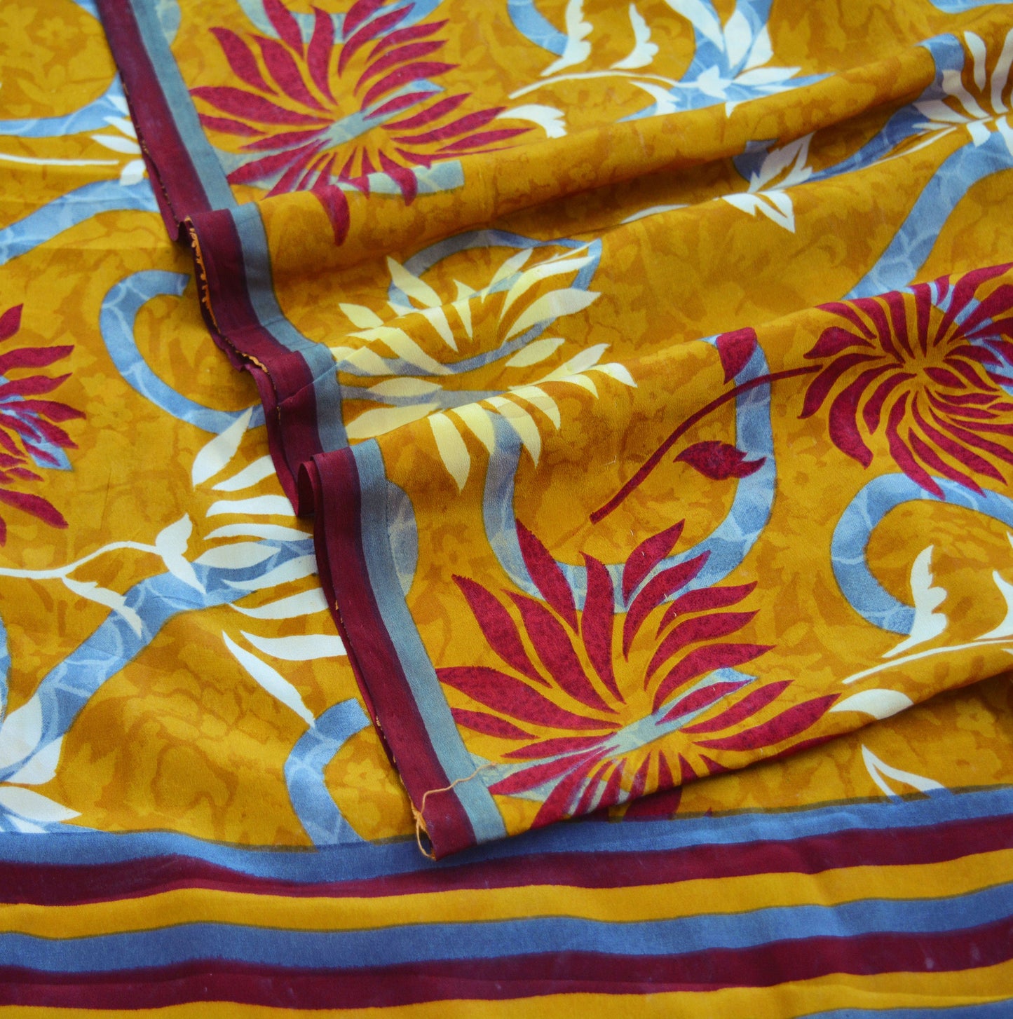 Indian Vintage Sari Mustard Pure Crepe Silk Printed Saree 5yard Sewing Floral Soft Craft Fabric Wrap