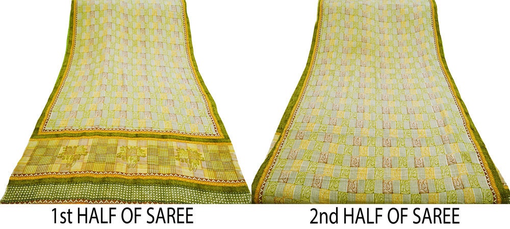 Indian Vintage Sari Ivory Pure Crepe Silk Printed Saree 5yard Sewing Abstract Soft Craft Fabric Wrap