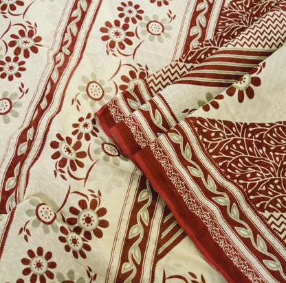 Indian Vintage Sari Maroon & Beige Printed 100% Pure Cotton Saree Craft Soft Fabric 5Yard Sewing Sarong Wrap Floral