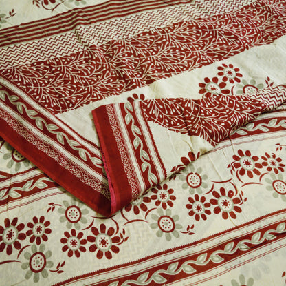 Indian Vintage Sari Maroon & Beige Printed 100% Pure Cotton Saree Craft Soft Fabric 5Yard Sewing Sarong Wrap Floral