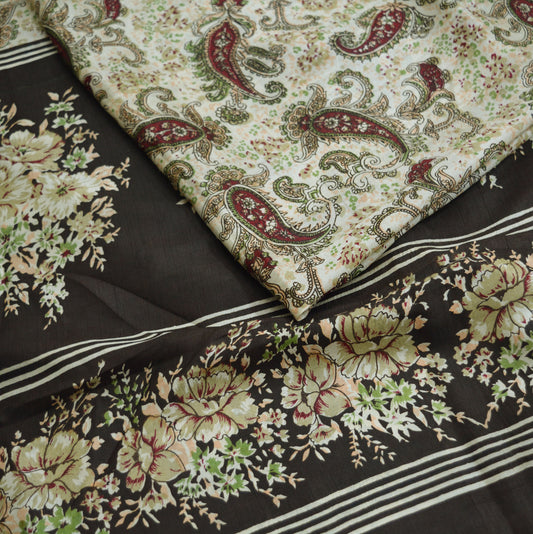 Vintage Sari Brown & Ivory 100% Pure Silk Printed Saree Fabric 5yard Sewing Floral Soft Dress Designing for Crafting