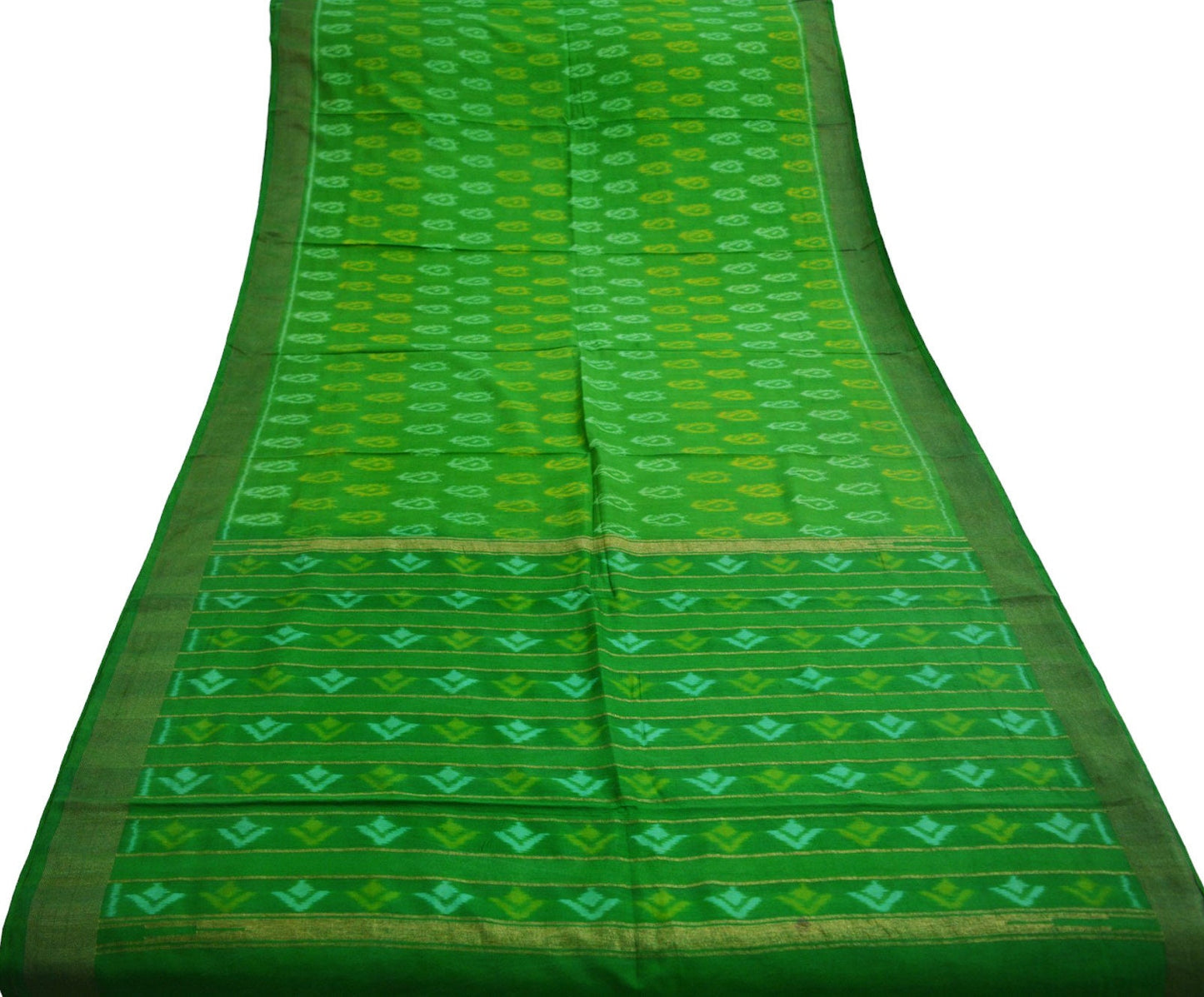 Indian Vintage Greenn Pure Silk Hand Woven Ikat Saree Indian Sari Craft Fabric 5Yard Zari Ethnic Premium Saree