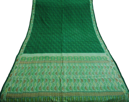 Indian Vintage Green & Cream Pure Silk Hand Woven Ikat Saree Indian Sari Fabric 5Yard Craft Ethnic Premium Saree