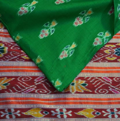 Vintage Red & Green Hand woven Sambalpuri Ikat Saree Pure Silk Indian Sari Fabric 5Yd Ethnic Chackra Border Indian Sari