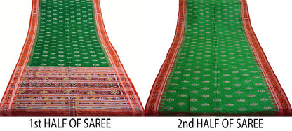 Vintage Red & Green Hand woven Sambalpuri Ikat Saree Pure Silk Indian Sari Fabric 5Yd Ethnic Chackra Border Indian Sari