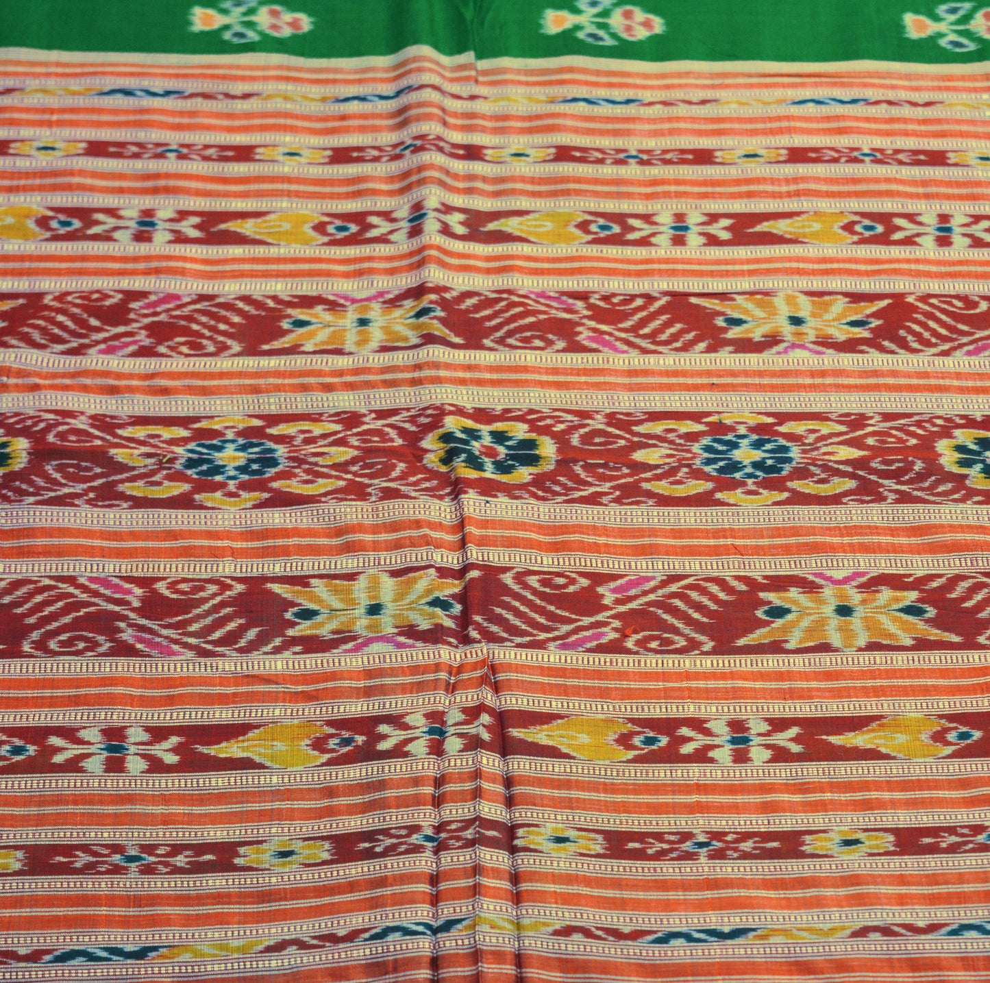 Vintage Red & Green Hand woven Sambalpuri Ikat Saree Pure Silk Indian Sari Fabric 5Yd Ethnic Chackra Border Indian Sari