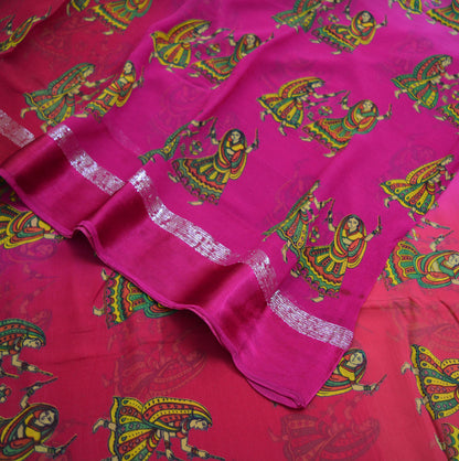 Indian Vintage Sari Red & Pink Blend Georgette Printed Saree Sewing 5yard Soft Craft Floral Design Wrap Boho