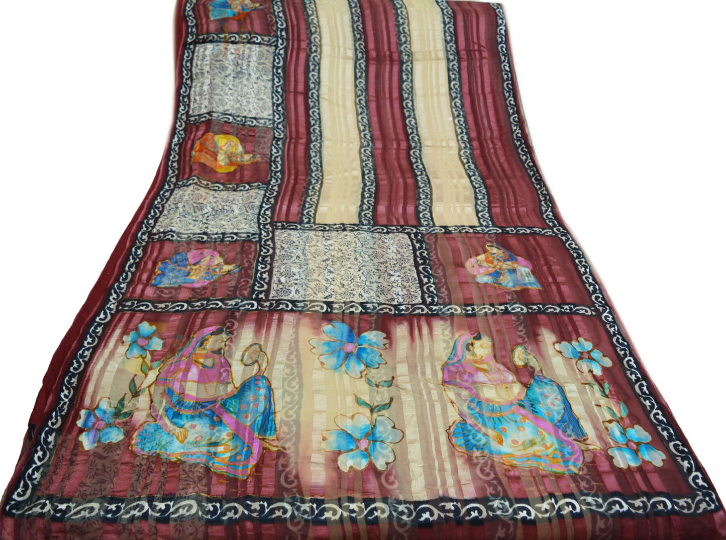 Women Vintage Sari Maroon & Beige  Pure Chiffon Silk Saree Craft Fabric Sewing 6Yard Soft Light Sari Dress Making