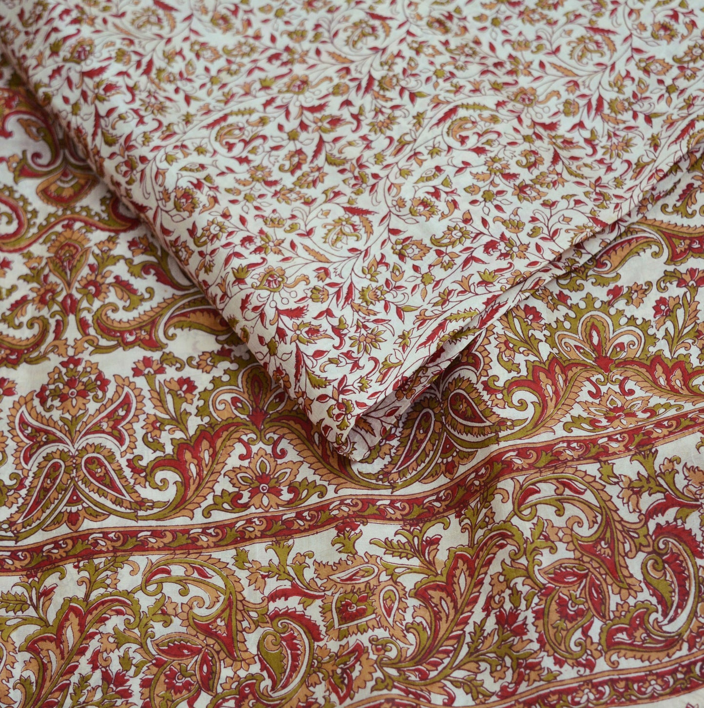 Indian Vintage Sari Off-White 100% Pure Silk Block Printed Saree Fabric 5yard Sewing Craft DressMaking Paisley