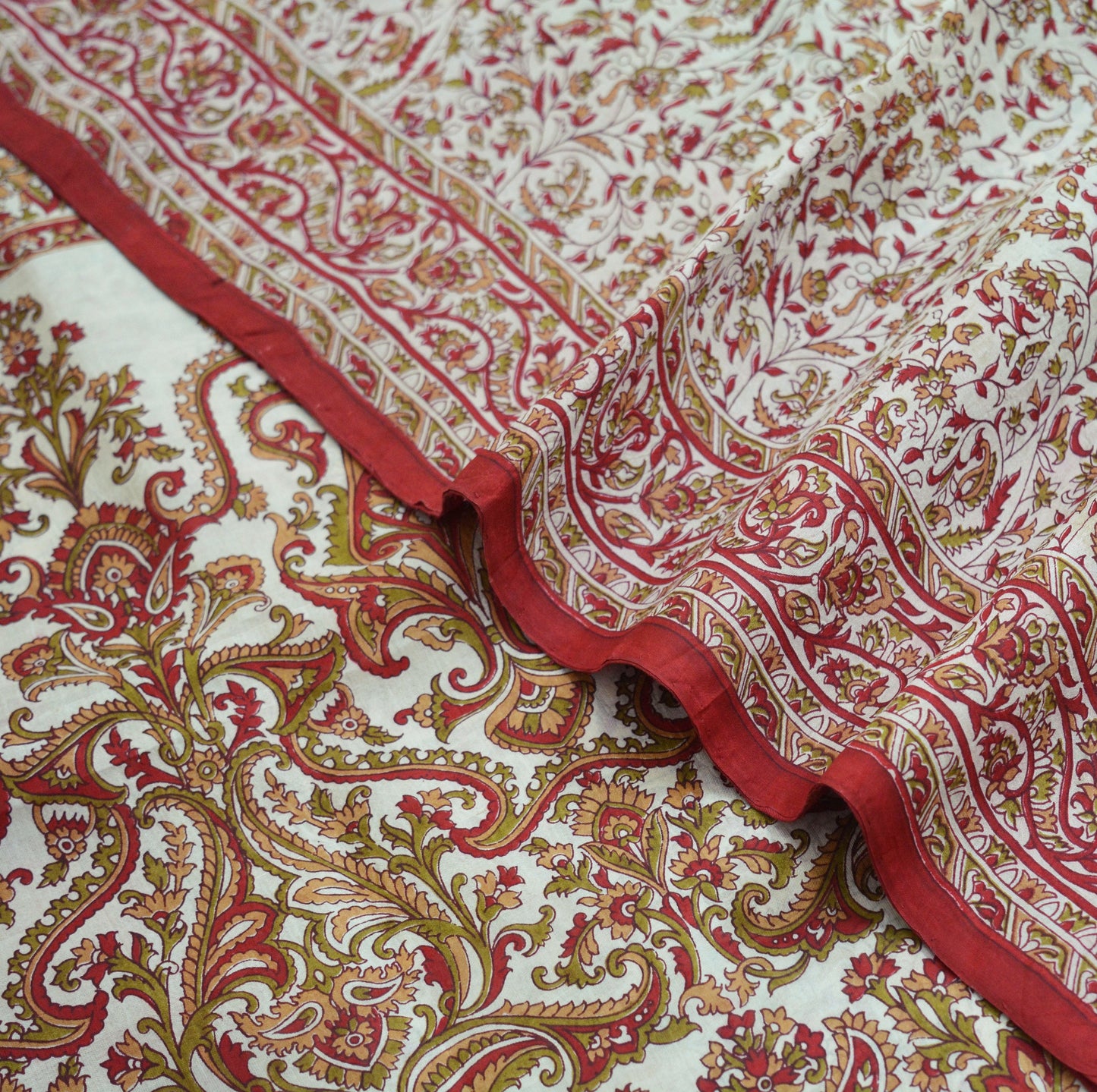 Indian Vintage Sari Off-White 100% Pure Silk Block Printed Saree Fabric 5yard Sewing Craft DressMaking Paisley