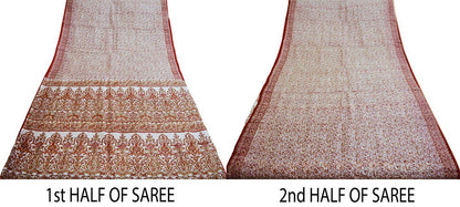 Indian Vintage Sari Off-White 100% Pure Silk Block Printed Saree Fabric 5yard Sewing Craft DressMaking Paisley