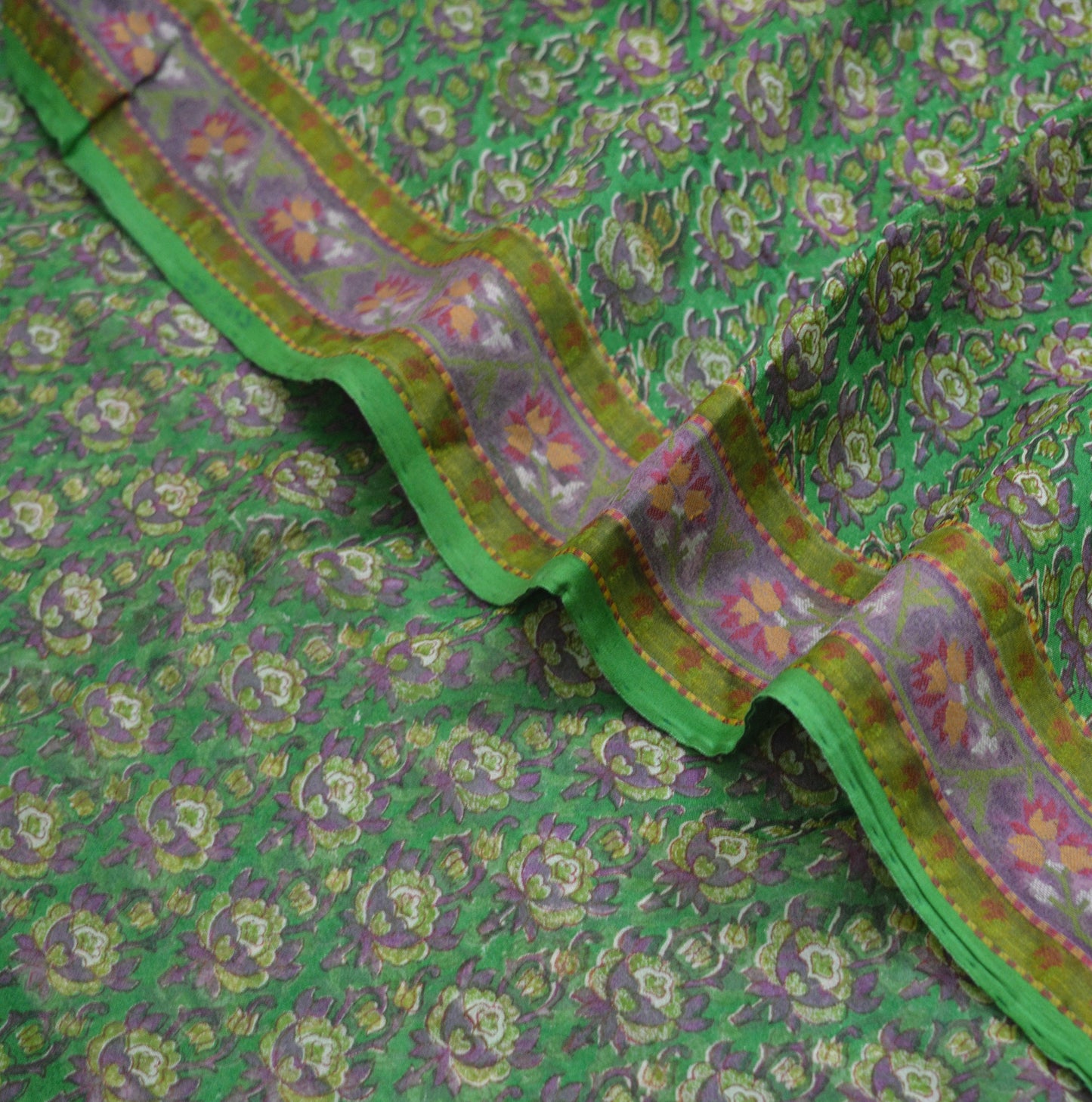 Women Vintage Sari Green Pure Chiffon Silk Printed Saree Craft Fabric Sewing 5Yard Soft Light Sari Dress Making