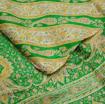 Indian Vintage Sari Ivory & Green Pure Silk Printed Saree Fabric 5yd Sewing Craft Fabric DressMaking Soft